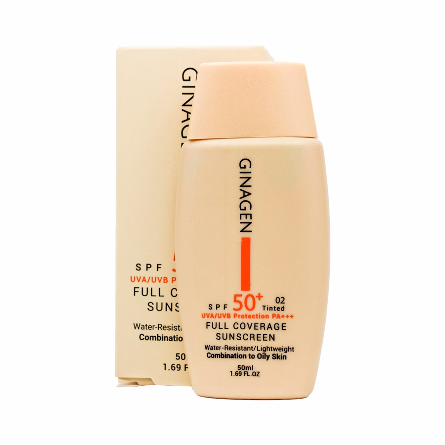 کرم ضد آفتاب رنگی ژیناژن 02 مناسب پوست مختلط تا چرب با اس پی اف 50