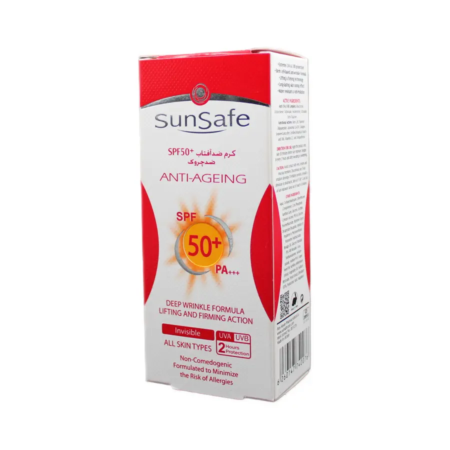 کرم ضد آفتاب ضد چروک سان سیف SPF50 بی رنگ انواع پوست 50 گرم