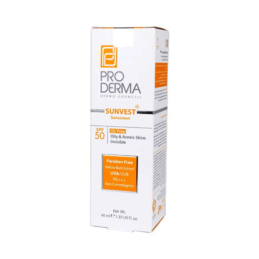 کرم ضدآفتاب فاقد چربی SPF50 پوست چرب و جوشدار بی رنگ پرودرما 40 میلی لیتر