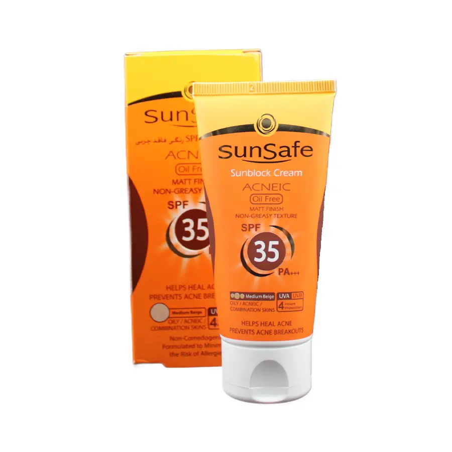 کرم ضدآفتاب سان سیف SPF35 فاقد چربی مدیوم بژ 50 گرم 1