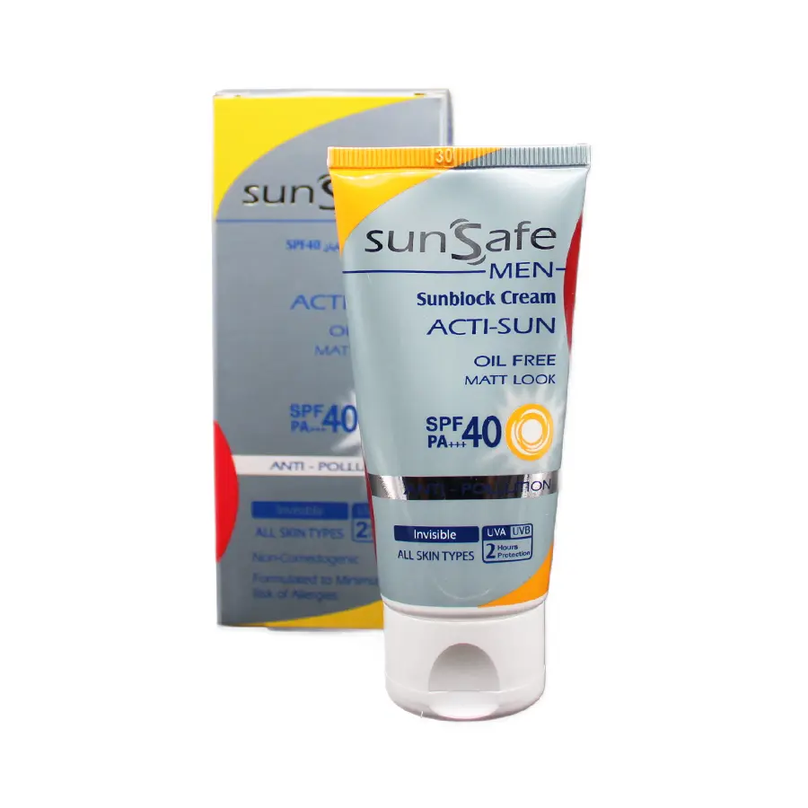 کرم ضدآفتاب آقایان سان سیف SPF40 بی رنگ 50 گرم 1